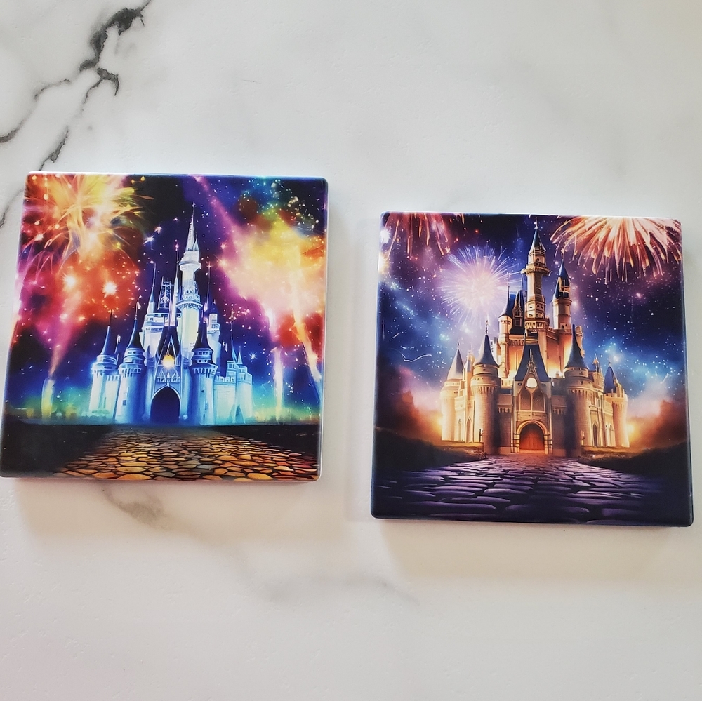 Cinderella Castle & Fireworks 2 Pack Sandstone Coasters